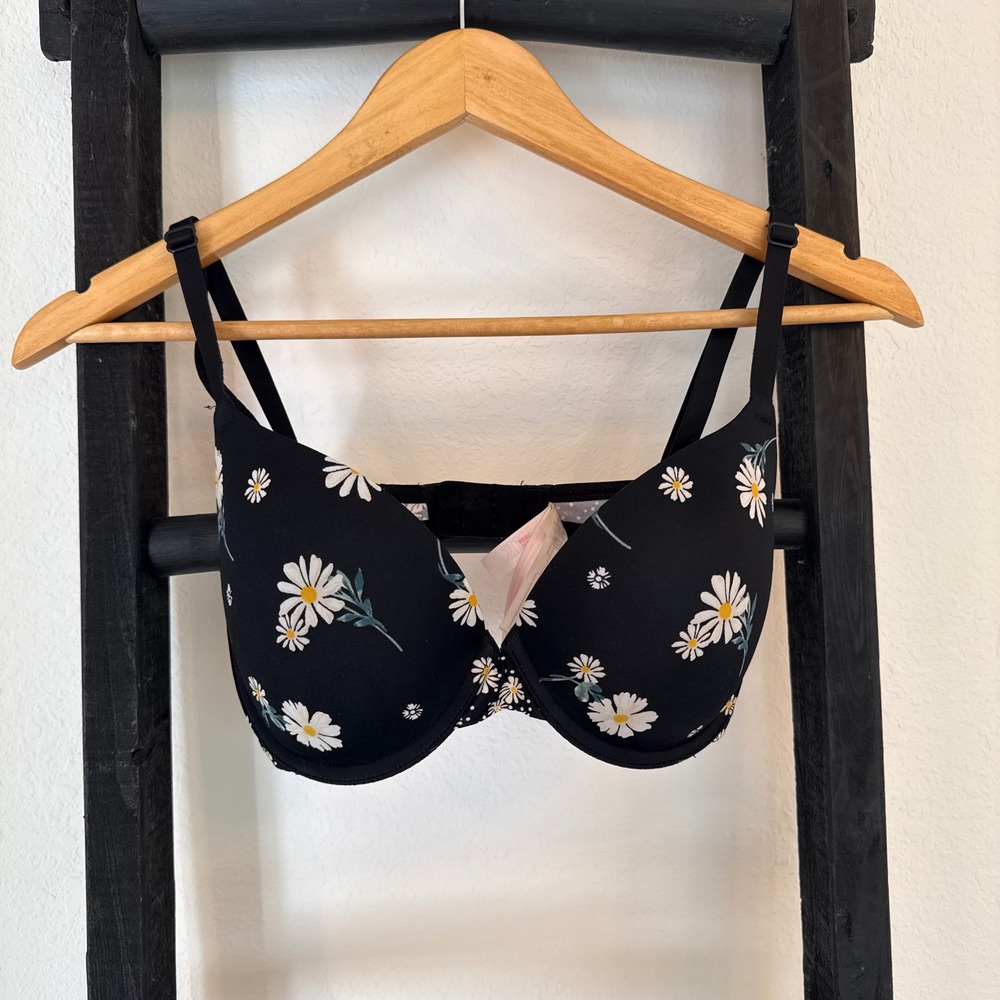 PINK Victoria's Secret Daisy Floral Print Black‎ Push Up Bra 32DD